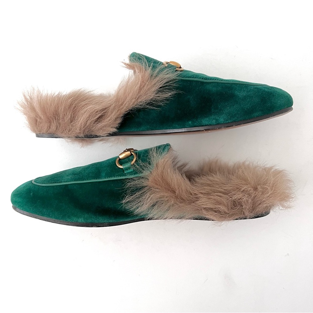 GUCCI | Princetown Fur Horsebit Green Emerald Velvet Velour Mule Slipper Flat - Picture 10 of 11